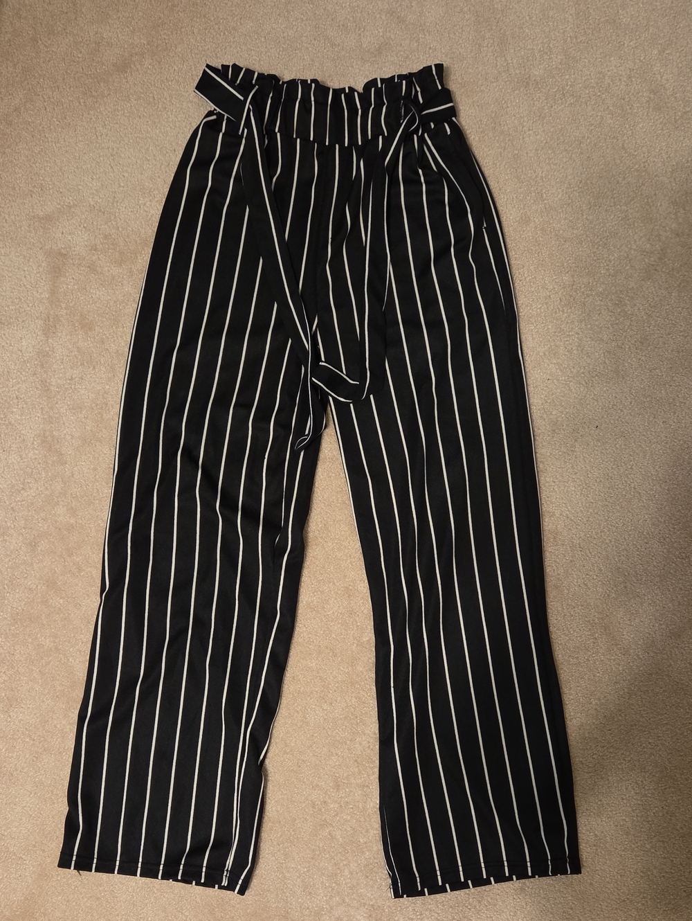 Black High-Waist Wide Leg Pants with White Pinstripes
